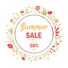 Summer sale, lettering. Banner, summer flowers and plants, leaves. Flower illustration. Red and green flowers, green leaves, red inscription. Up to 50 off.
