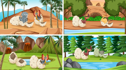 Different prehistoric forest scenes with dinosaur cartoon © blueringmedia