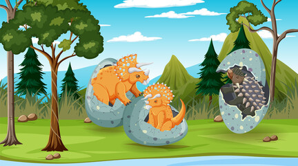 Prehistoric forest with dinosaur cartoon © blueringmedia