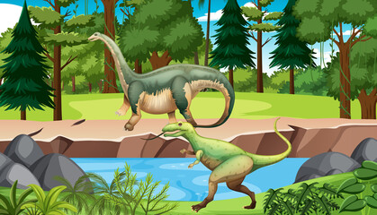 Prehistoric forest background with dinosaur cartoon © blueringmedia