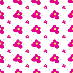 Freehand vector, Seamless pattern of Pink flowers with yellow stamens. There are small green leaves scattered around the flowers. Freehand flower on white background.
