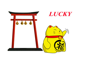 Drawing of  Yellow Maneki Neko Lucky cat doll for good health with Japanese word translate to english is 