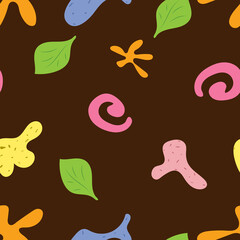 Freehand vector, Seamless pattern on brown background. It consists of green leaves. and things that cannot be identifiable are pink, yellow, orange.
