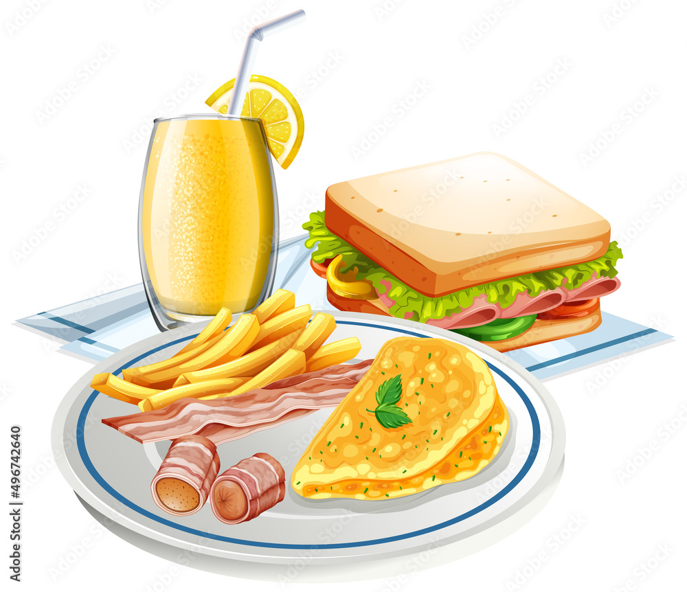 Poster Breakfast set on white background