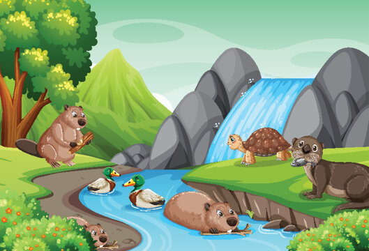 Waterfall in the forest with wild animals
