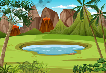 Scene with volcano and pond in forest