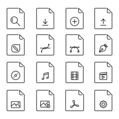 File format vector icon set. Line vector icons such as download file formats, multimedia, pdf, music and others, on a white background. Editable flat line vector illustration