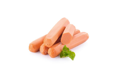 Pork sausage and leaves isolated on white background