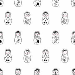 Russian matryoshka doll in doodle style. Seamless background for sewing clothes and printing on fabric. Packing paper.