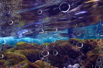 Tuinposter onderwater zoetwaterlandschap, bergmeer ecosysteem achtergrond in de zomer, onder water uitzicht © kichigin19