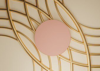 Light beige, pastel orange 3D rendering product display flat lay podium cylinder stand luxurious abstract composition with golden lines ornaments for cosmetic products minimal top view background