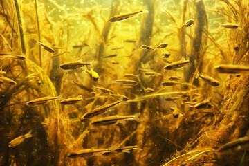 school of fish freshwater aquarium, background ecology fish underwater