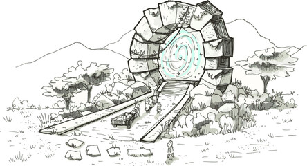 sketch of a medieval portal where people are going in portal illustration art.