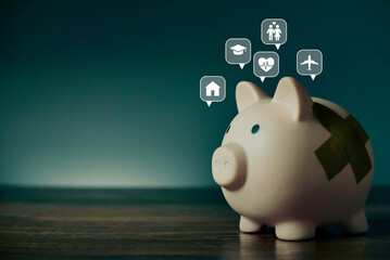 Business and finance concept. A piggy bank with a floating icon of saving type inside a speech...