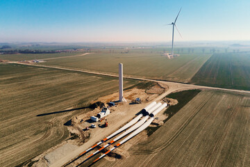 Windmill generator wing prepared for assembling on ground, Construction site for wind power...