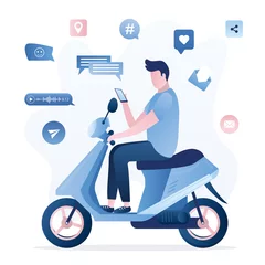 Foto op Plexiglas Driver man ride on motorcycle and surfs internet, social media. Male character sits on bike and uses smartphone. Extreme driving. Socializing, entertainment and content viewing. © naum