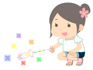 花火をする女の子のイラスト	
