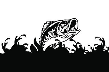 Fish in the sea or stormy river, black sign on a white background, vector illustration