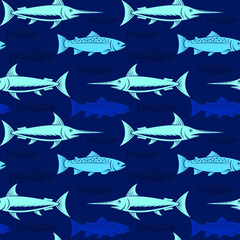 Fish on a blue background, seamless pattern, texture for fabric design, wallpaper and tile, vector illustration