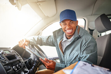 Ill be coming around with your package soon. Portrait of a courier driving a delivery van.