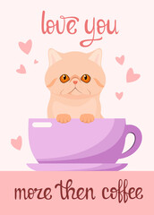 A postcard with a cute cat. Cartoon design.
