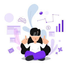 A Young girl with funy virtual reality VR headset. People vector illustration.

