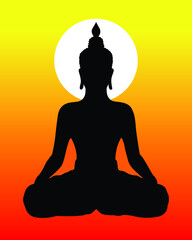 Lord Buddha silhouette with sunset background.