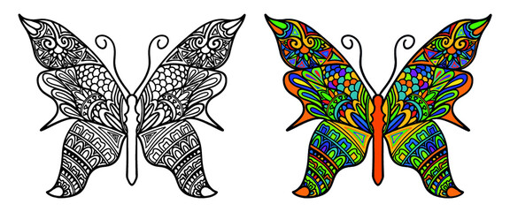 Hand drawn butterfly coloring page for adults line art outline print design