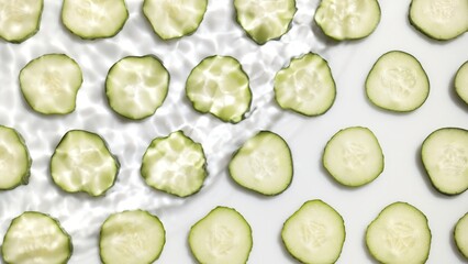 Top view shot of single wave making ripples on water surface over cucumber slices arranged in rows on white background | beauty background, face lotion commercial