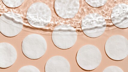 Wave flowing on water surface making ripples over cotton pads arranged in rows on beige background | makeup background, make-up remover commercial