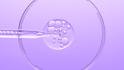 Top view macro shot of gel with different sized bubbles comes out from lab dropper into petri dish on violet background | Abstract face care gel with hyaluronic acid mixing concept