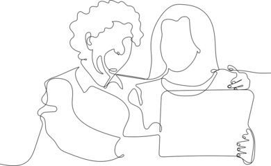 Continuous one line drawing of adult daughter helps to elderly mother with notebook usage explains teaches older relative or your design minimal outline. Vector illustration