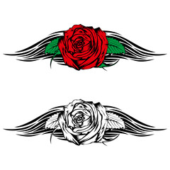 Vector illustration rose with tribal flames for tattoo or t-shirt design