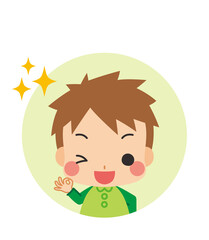 可愛い小さな男の子のアイコン　幼児　OKサイン　笑顔　白背景　丸型　円形