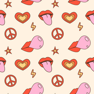 Mouth with tongue sticking out, lips blowing pink bubble gum, peace sign, heart and star retro seamless pattern. Vintage background with 70s 80s nostalgia comic style elements. Vector illustration.