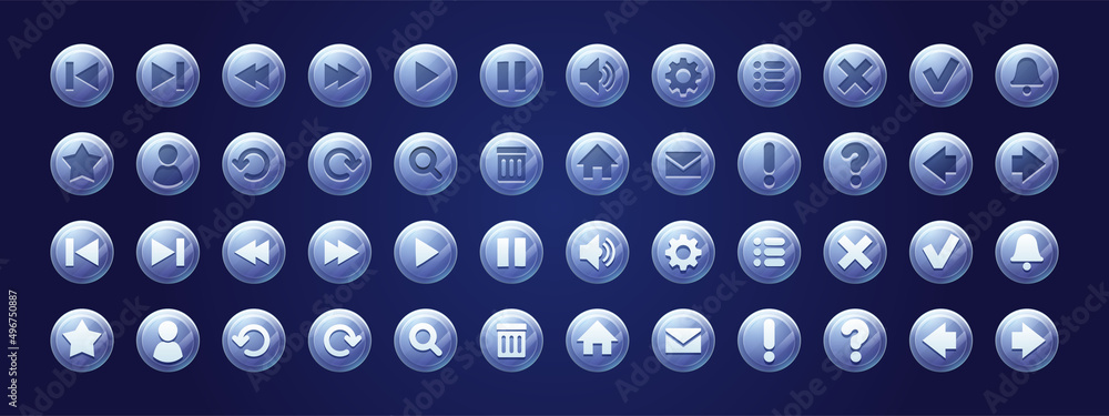 Poster web buttons, circle glass icons for game user interface design. vector cartoon set of blue ui elemen