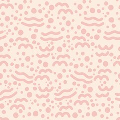 pink dots and waves on light beige, hand drawn seamless pattern in modern doodle style