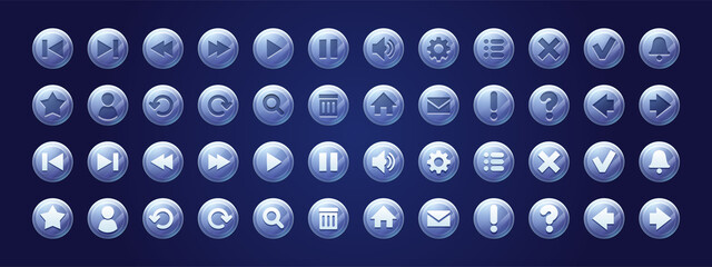 Web buttons, circle glass icons for game user interface design. Vector cartoon set of blue ui elements, glossy buttons with symbols of sound, search, arrows, mail, home, cross and check marks