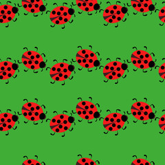 Ladybugs seamless pattern, cute insects in horizontal rows on a green background