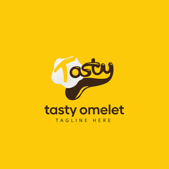 Tasty omelet logo design vector illustration. Fried egg logo design. The Omelet logo is a combination of omelet eggs in a tasty text with negative space. Fried egg logo template. 