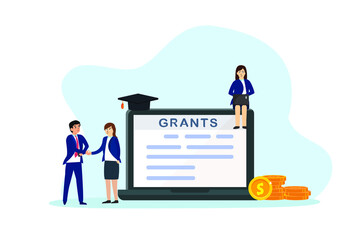 Grants vector concept. Two business people handshaking together while standing with grants document on the laptop near pile of money