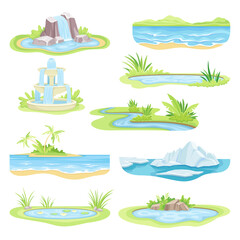 Natural Water Landscape with Flowing River Stream, Waterfall, Pond and Fountain Vector Set