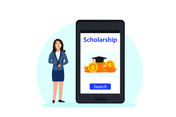 Scholarship vector concept. Businesswoman using a cellphone to search scholarship while standing in the studio