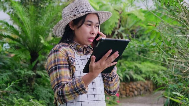 Female gardener in an apron uses a tablet computer to work in a greenhouse. Female botanist works in a botanical garden. Female environmentalist exploring tropical plants in glasshouse.