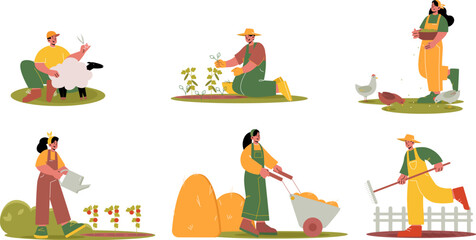 People work on agriculture farm and garden. Vector flat illustration of farmers family, rural workers shearing sheep, watering vegetables, feed hen, growing plants, with wheelbarrow and rake