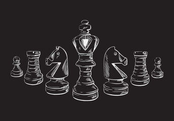 Chess pieces in sketch style on a black isolated background. Chess club web background. Hand-drawn vector illustration. 