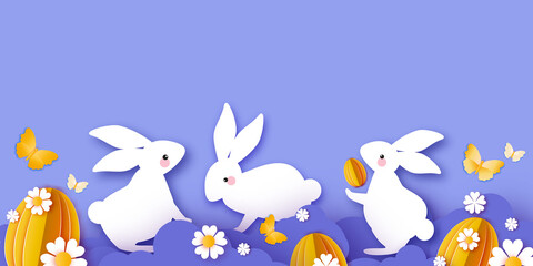 Happy Easter Day design greetings card with Cute white rabbits in paper cut style. Bunny with flowers and butterfly. Spring holidays in modern style. Easter Egg Hunt with egg hunt. Spring scene.