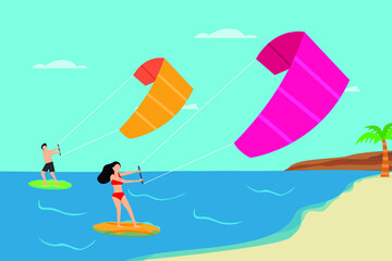 Summer holiday vector concept. Young couple surfing with parachute in the beach while enjoying summer holiday