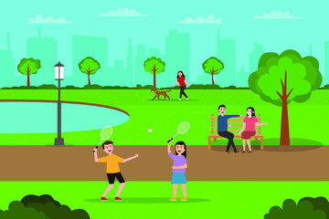 Holiday vector concept. Crowded people enjoying leisure time at the park