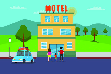 Motel vector concept. Young family entering a motel building after doing road trip